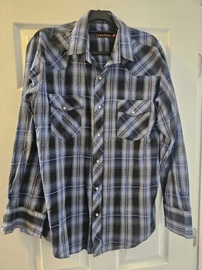 Roper Men's Blue and Black Plaid Western Snap Shirt